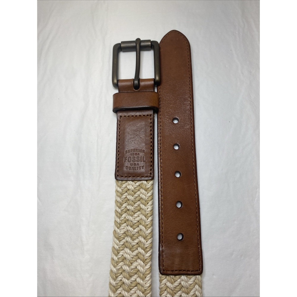 Fossil Belt Braided Leather Trim Kyle Khaki Size 42 Casual‎ Coastal Quality